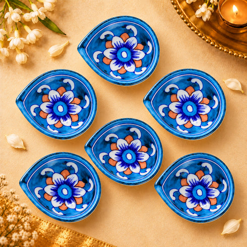 Turquoise Hand-painted Dual Tone Blue Pottery Diya Set