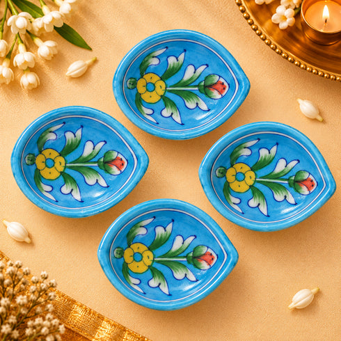 Sky Blue Decorative Floral Pattern Blue Pottery Diya
