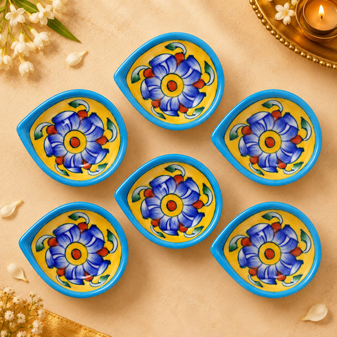 Handcrafted Blue Pottery Diya with Colourful Floral Motifs