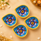 Hand-Painted Blue Pottery Diya with Floral Motif on Yellow Base