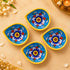 Hand-Painted Blue Pottery Diya with Floral Motif on Yellow Base