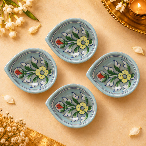 Aqua Blue Floral Pattern Blue Pottery Diya Set