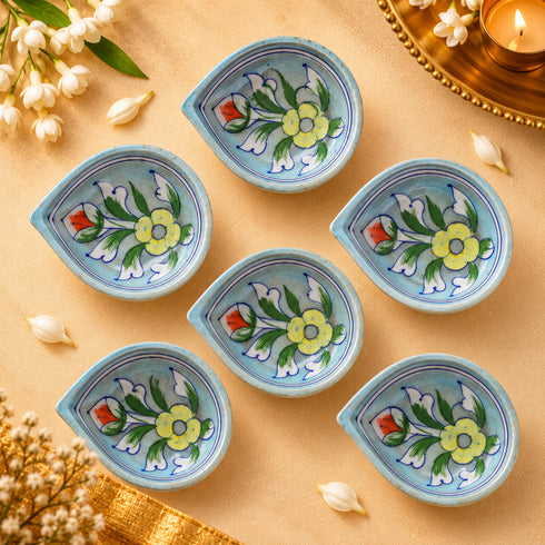 Aqua Blue Floral Pattern Blue Pottery Diya Set