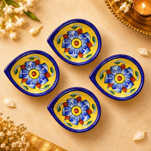 Hand Painted Blue Pottery Floral Diya Set in Yellow and Blue