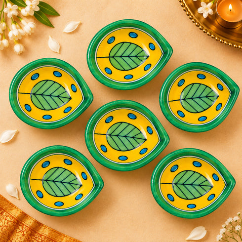 Green & Yellow Blue Pottery Leaf Diya