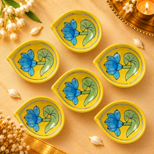 Yellow Decorative Lotus Pattern Blue Pottery Diya