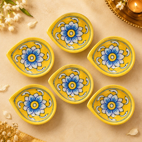 Hand Painted Yellow Blue Pottery Floral Diya Set