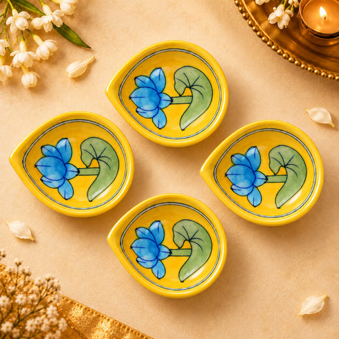 Yellow Decorative Lotus Pattern Blue Pottery Diya