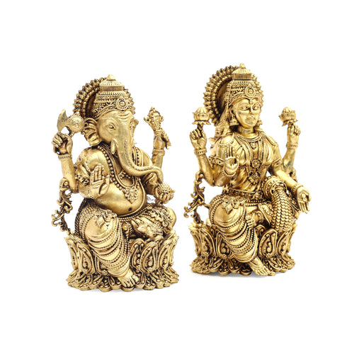 Fine Brass Gold Matte Finish Lakshmi Ganesha Duo – Deity of Wisdom and Prosperity