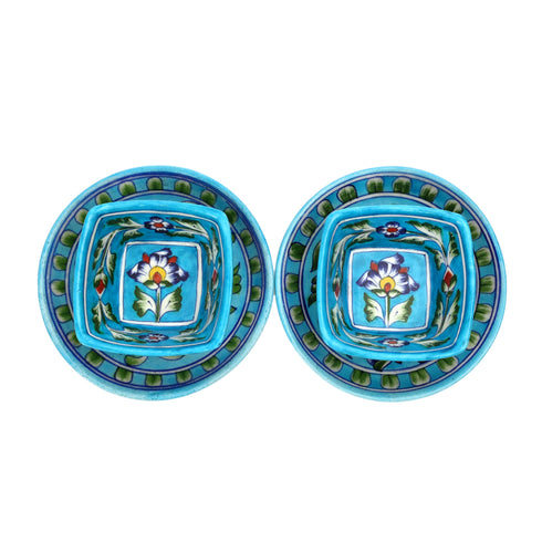 Floral Round Plate & Square Bowl Set – Handcrafted Jaipur Blue Pottery for Modern Dining