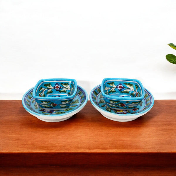 Floral Round Plate & Square Bowl Set – Handcrafted Jaipur Blue Pottery for Modern Dining