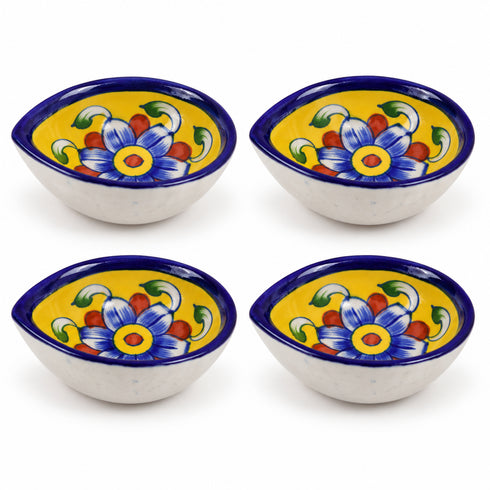 Hand Painted Blue Pottery Floral Diya Set in Yellow and Blue