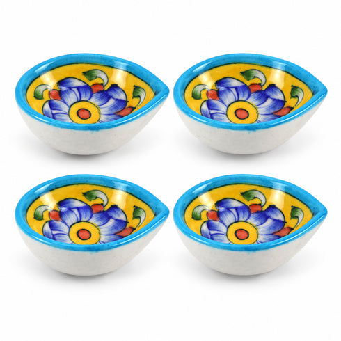 Handcrafted Blue Pottery Diya with Colourful Floral Motifs