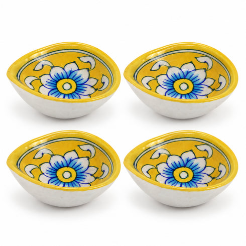 Hand Painted Yellow Blue Pottery Floral Diya Set