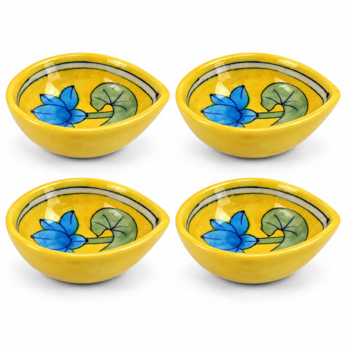 Yellow Decorative Lotus Pattern Blue Pottery Diya