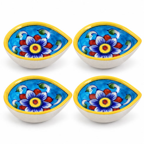 Hand-Painted Blue Pottery Diya with Floral Motif on Yellow Base