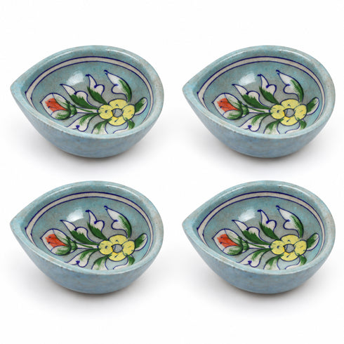 Aqua Blue Floral Pattern Blue Pottery Diya Set