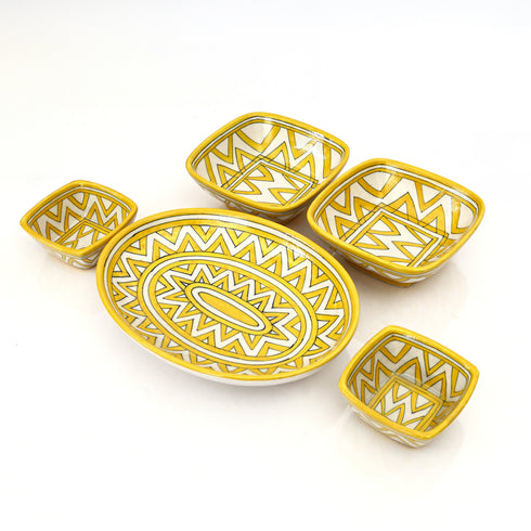 Geometric Yellow Oval Platter & Bowl Set – Handcrafted Jaipur Blue Pottery for Contemporary Dining