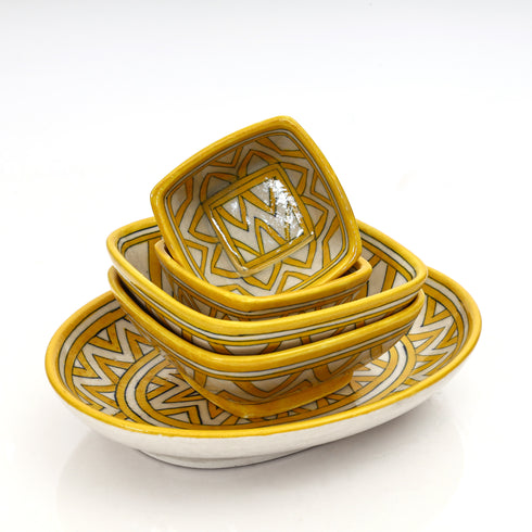 Geometric Yellow Oval Platter & Bowl Set – Handcrafted Jaipur Blue Pottery for Contemporary Dining