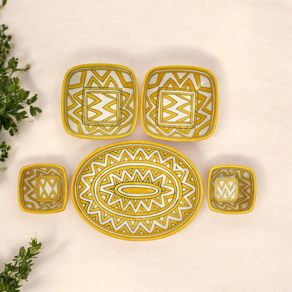 Geometric Yellow Oval Platter & Bowl Set – Handcrafted Jaipur Blue Pottery for Contemporary Dining