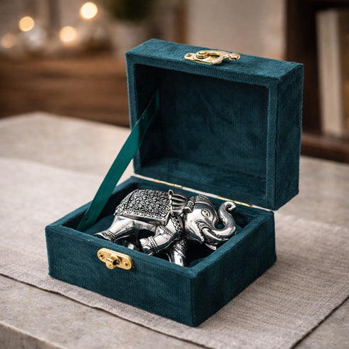 German Silver Elephant Showpiece with Green Velvet Box