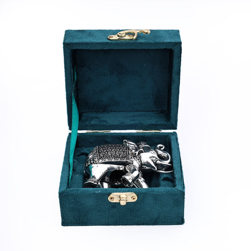 German Silver Elephant Showpiece with Green Velvet Box