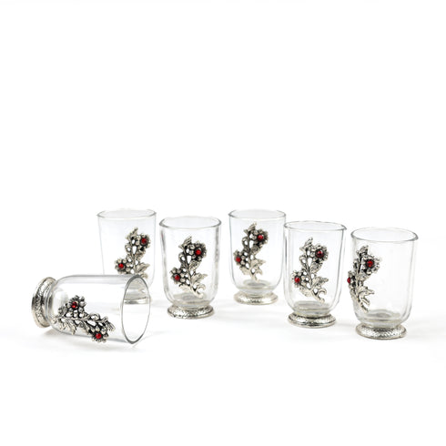 German Silver Glass Set of 6 without Tray with Floral Engravings