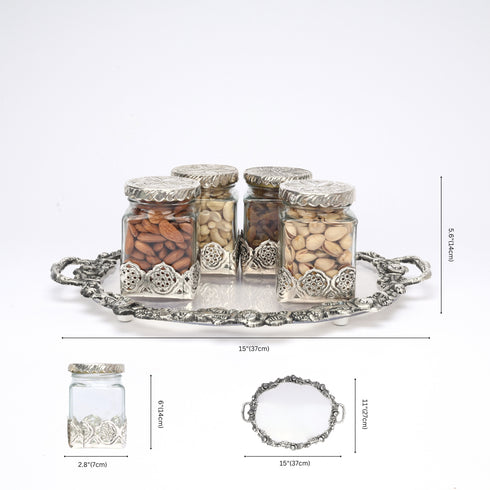 German Silver—Glass Dry Fruit Jar Set with Tray