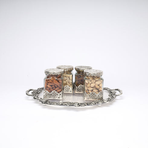 German Silver—Glass Dry Fruit Jar Set with Tray