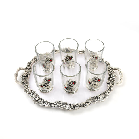 German Silver Glass Set with Tray with Floral Engravings