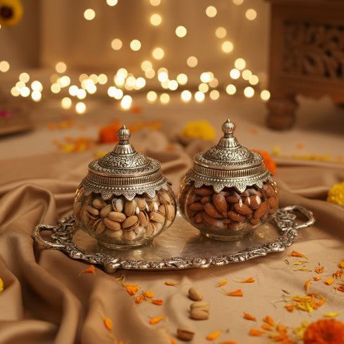 German Silver—Glass Set of 2 Kharbuja Jars