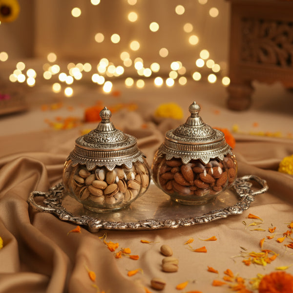 German Silver—Glass Set of 2 Kharbuja Jars