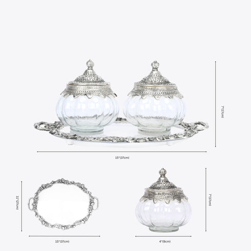 German Silver—Glass Set of 2 Kharbuja Jars and Decorative Tray