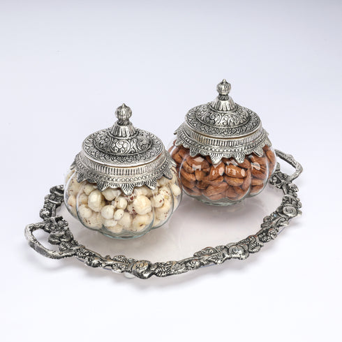 German Silver—Glass Set of 2 Kharbuja Jars and Decorative Tray