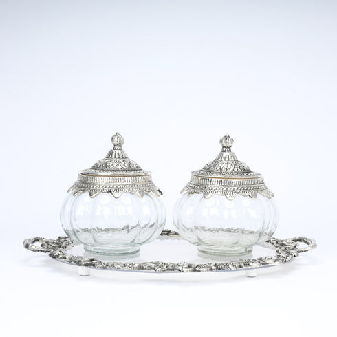 German Silver—Glass Set of 2 Kharbuja Jars and Decorative Tray