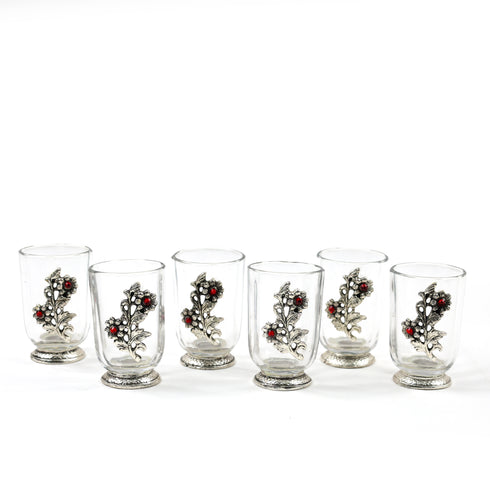 German Silver Glass Set of 6 without Tray with Floral Engravings
