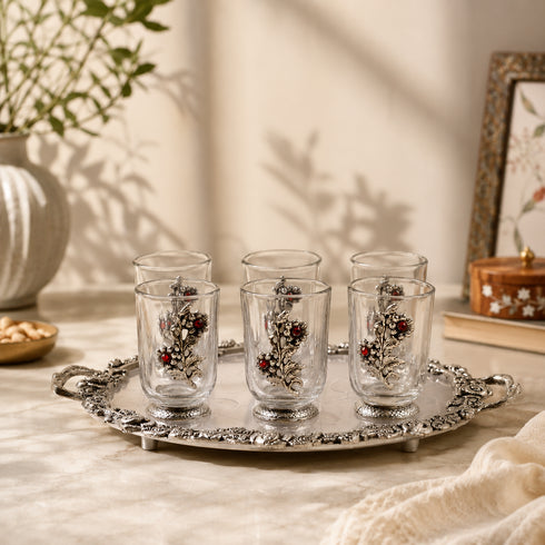 German Silver Glass Set of 6 without Tray with Floral Engravings