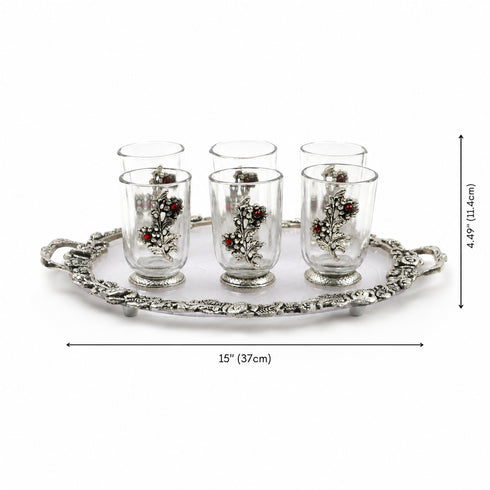 German Silver Glass Set with Tray with Floral Engravings