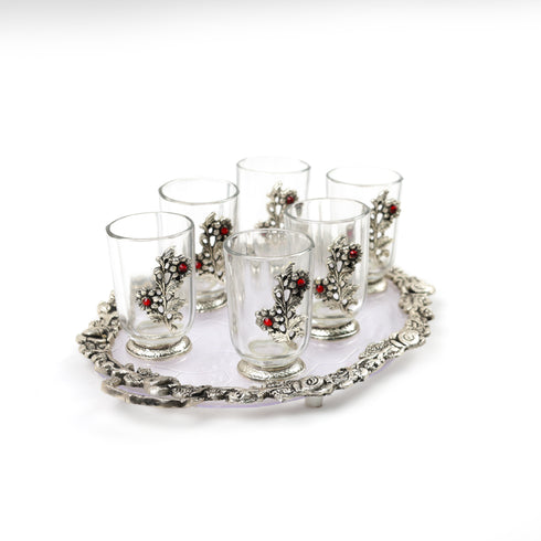 German Silver Glass Set with Tray with Floral Engravings