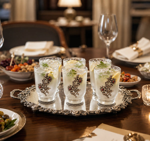 German Silver Glass Set with Tray with Floral Engravings