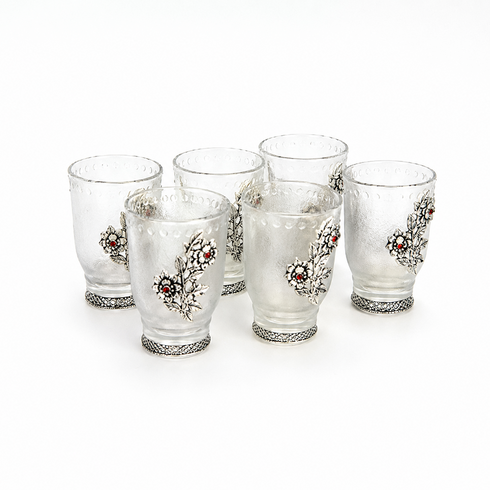 German Silver Glass Set without Tray with Floral Engravings