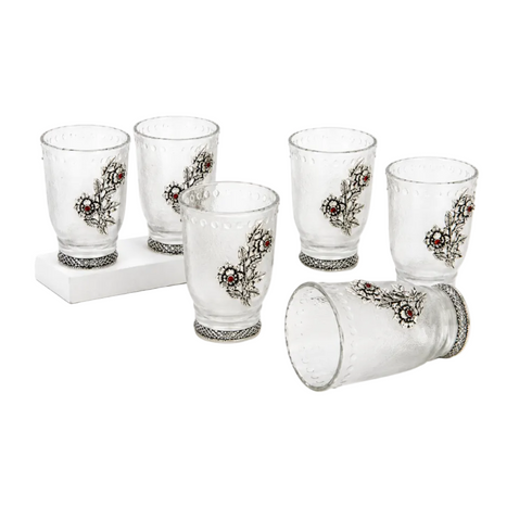 German Silver Glass Set without Tray with Floral Engravings