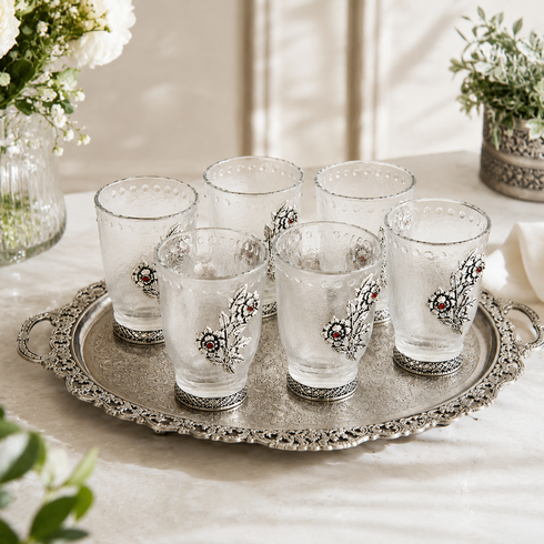 German Silver Glass Set without Tray with Floral Engravings