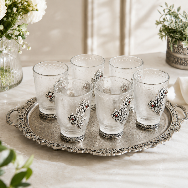 German Silver Glass Set without Tray with Floral Engravings