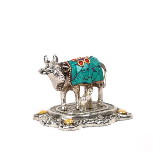 German Silver Kamdhenu with Stone Embellishments