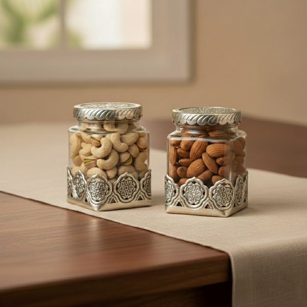 German Silver—Set of 2 Glass Jars