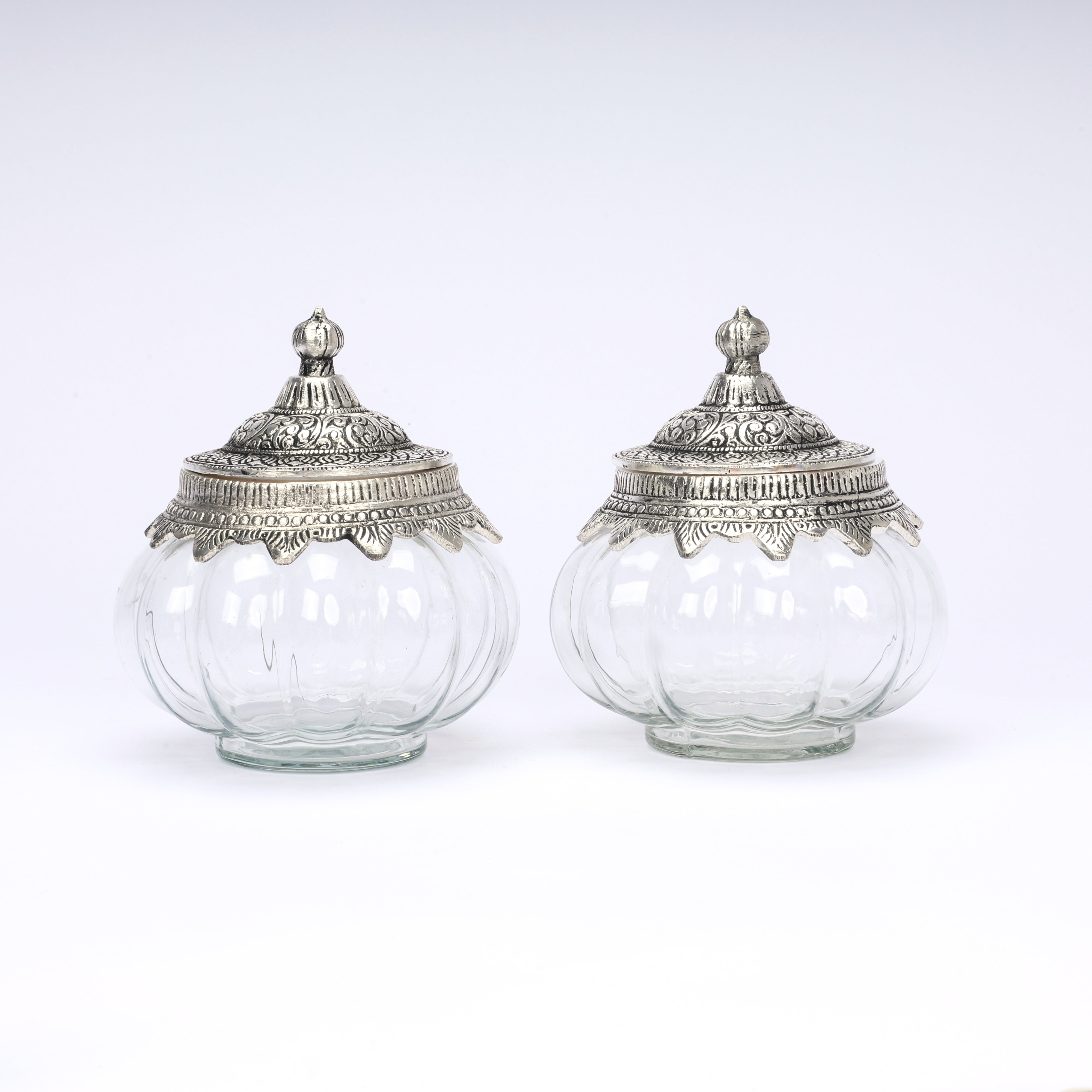 German Silver—Set of 2 Glass Kharbuja Jars