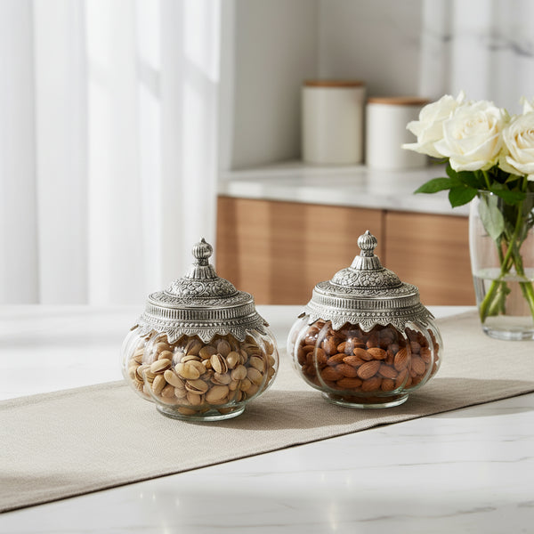 German Silver—Set of 2 Glass Kharbuja Jars