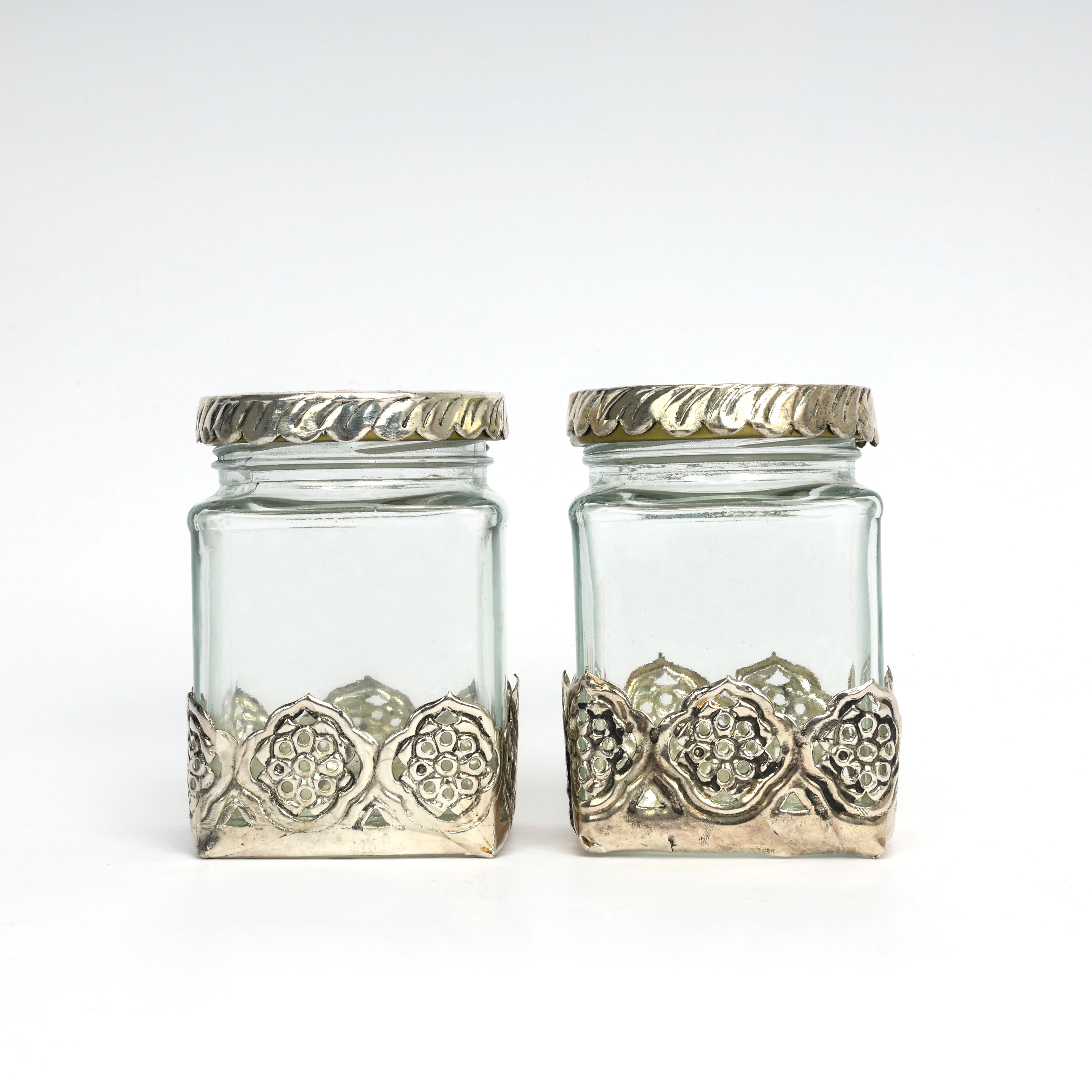German Silver—Set of 4 Glass Jars