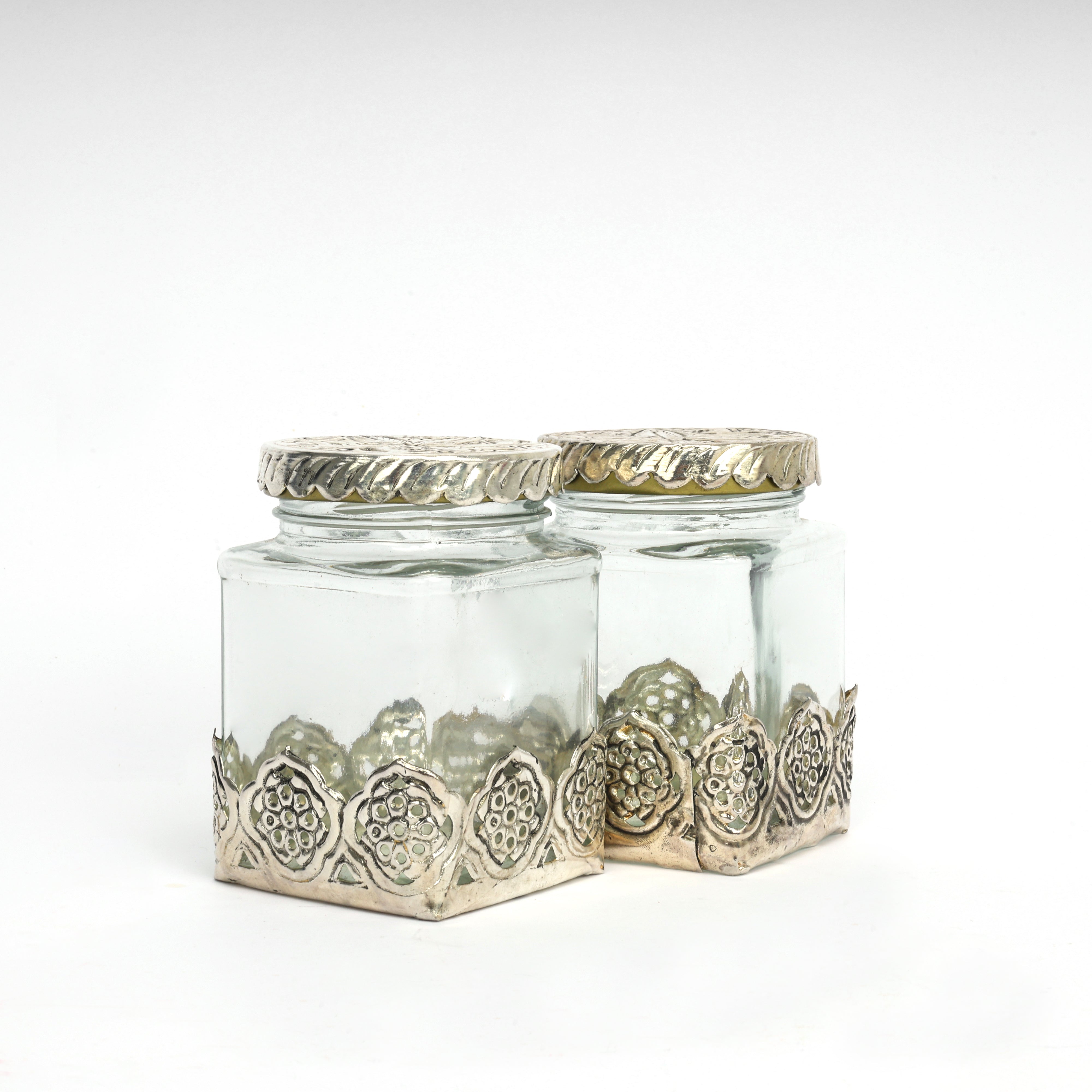 German Silver—Set of 4 Glass Jars